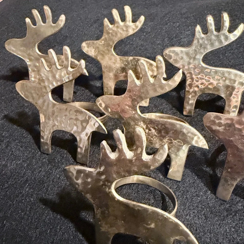 Vintage Hammered Gold Reindeer Napkin Rings‎ Set of 8 Christmas Holiday Decor